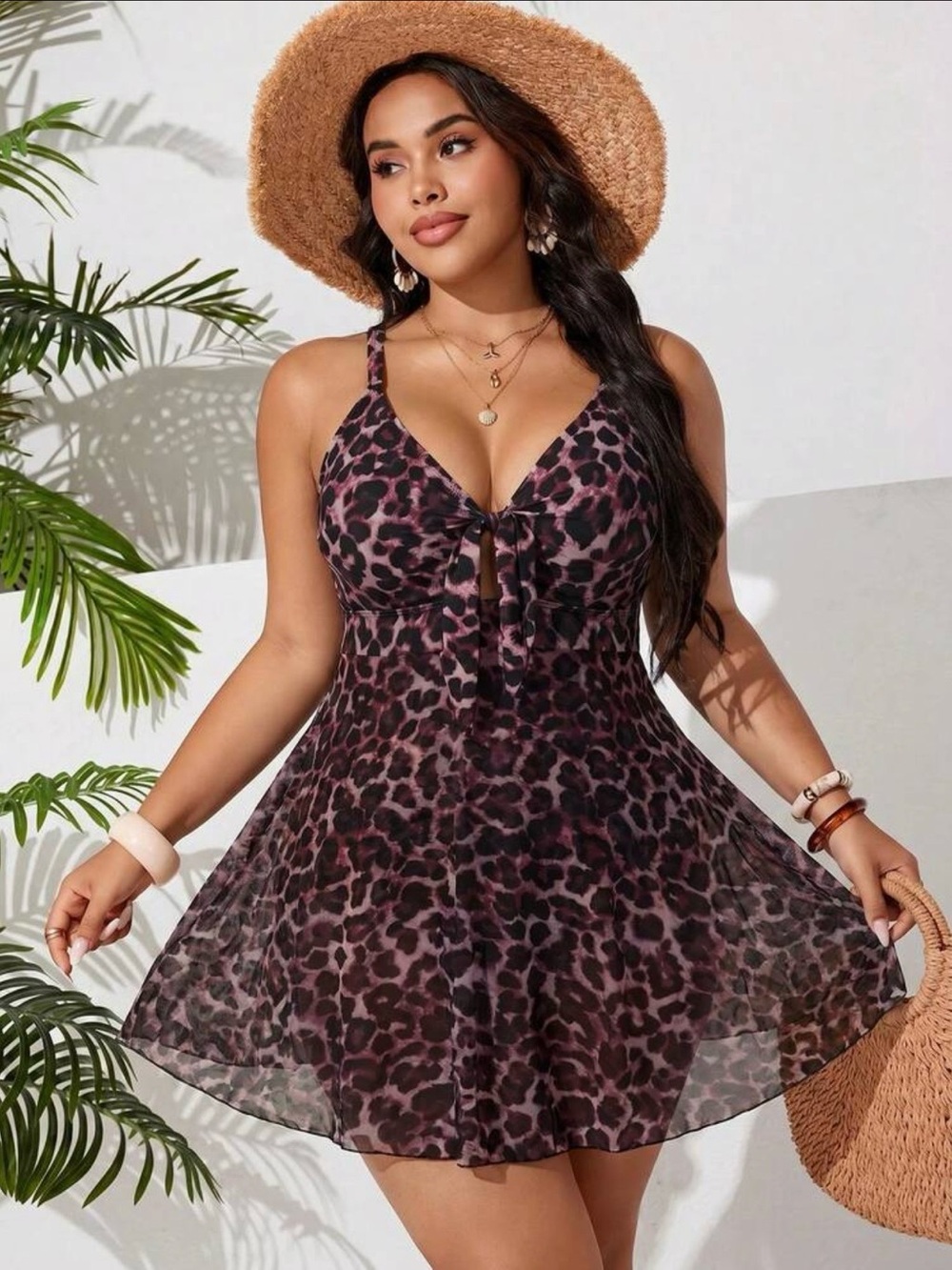SHEIN Curve Purple Leopard Print One Piece Bathing Suit